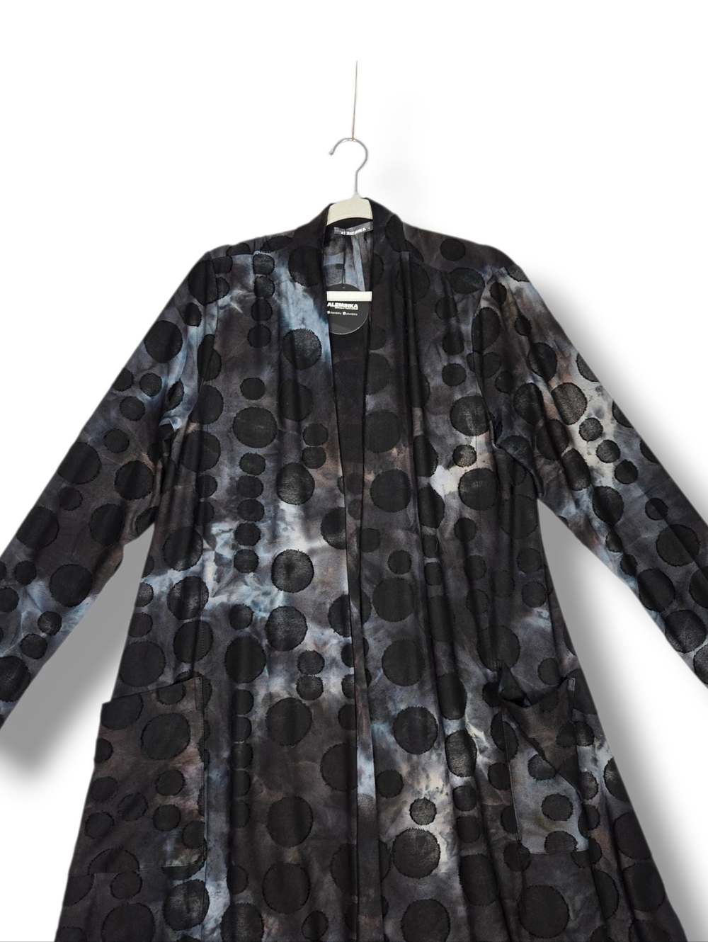 Alembika Knit Open Front Drape Swing Jacket Size 12 14 Black Grey Circle Print - Picture 6 of 16